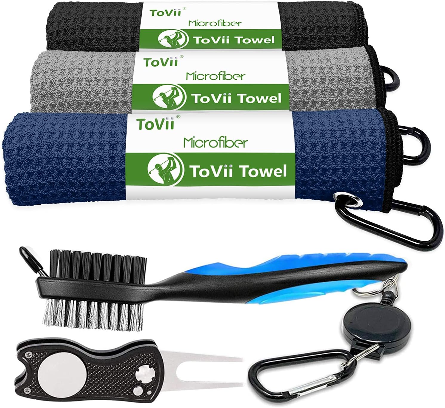 Golf Towel, Brush Tool Kit with Club Groove Cleaner + Golf Divot Tool 