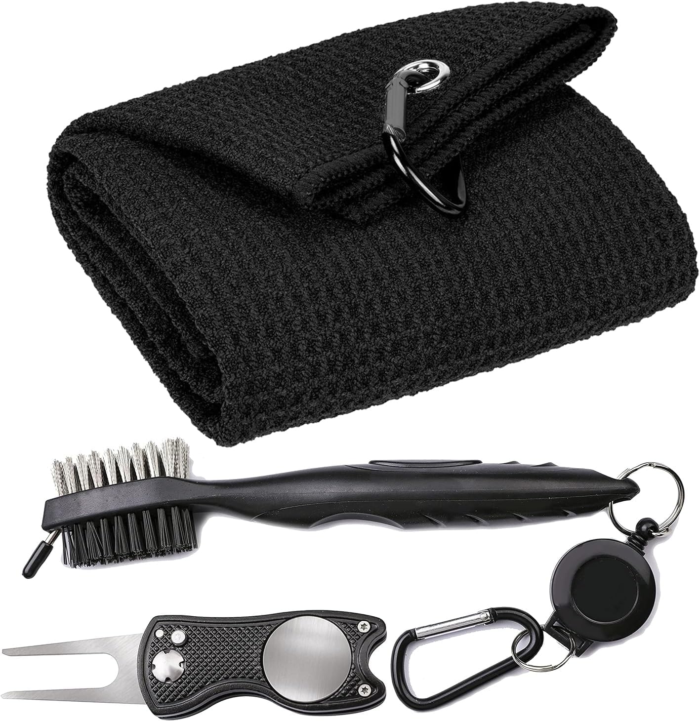 Microfiber Waffle Pattern Tri-Fold Golf Towel Set | Golf Club Brush| Golf Divot Tool